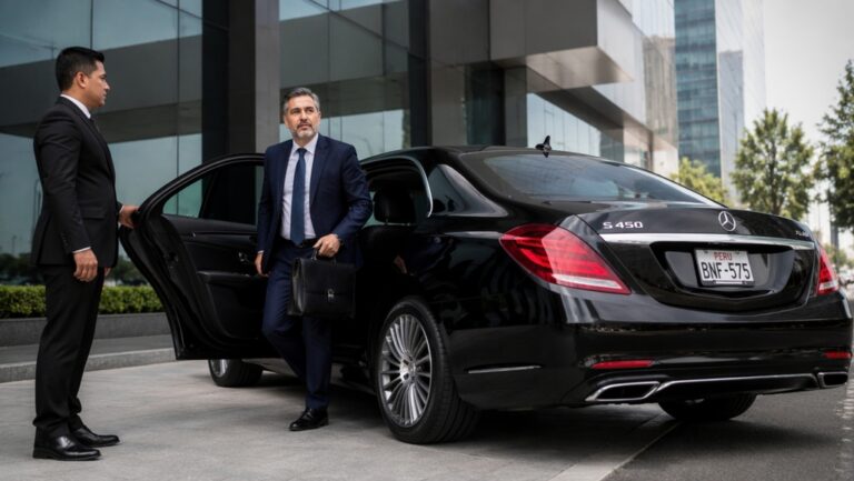 Mercedes Benz para gerentes en Lima realizando un servicio de transporte ejecutivo premium de EBEN VIP.
