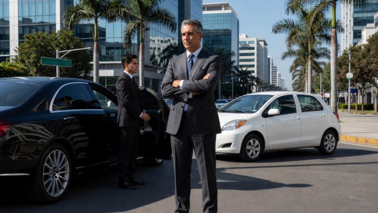 Taxi premium ejecutivo de EBEN VIP frente a un vehículo de alquiler en Lima.