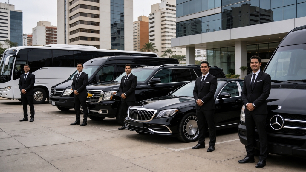 Flota de lujo para transporte ejecutivo en Lima de EBEN VIP con sedanes, SUVs, Suburban Premium, Van Mercedes Benz Sprinter y buses ejecutivos.