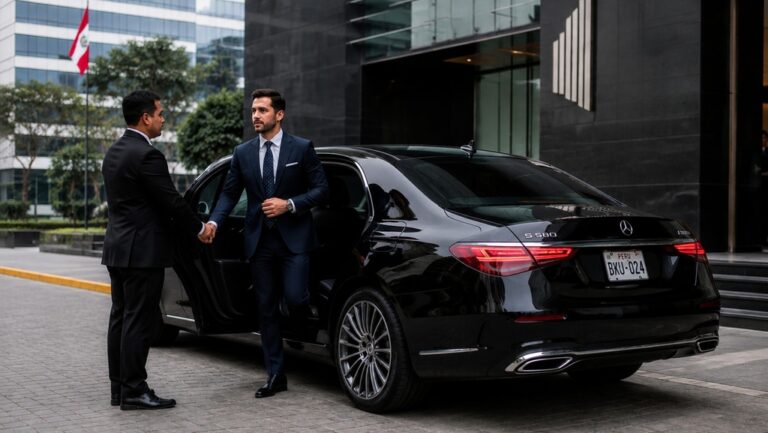 Transporte ejecutivo en San Isidro con vehículo premium de EBEN VIP llegando a un centro empresarial.